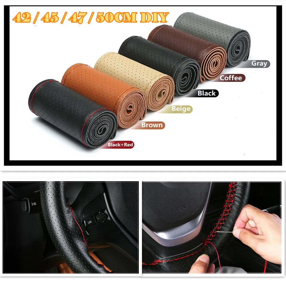 Free Shipping 42CM 45CM 47CM 50CM Truck Steering Wheel Cover Truck Bus DIY Handmade Genuine Leather Steering Wheel Cover Holes