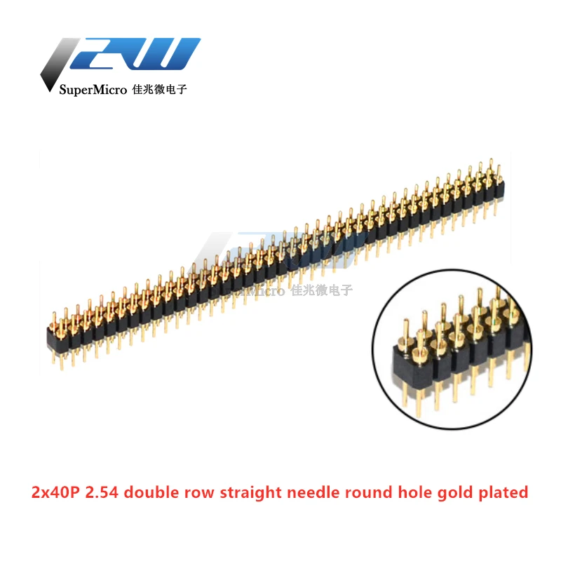 5 Stück Rundloch-Stiftleiste, 2,0 mm/2,54 mm Rastermaß, Buchse/Stecker, einreihig, 1 x 40 P, Reihe, 2 x 40 P, zweireihiger Stift, runder Stift, vergoldet