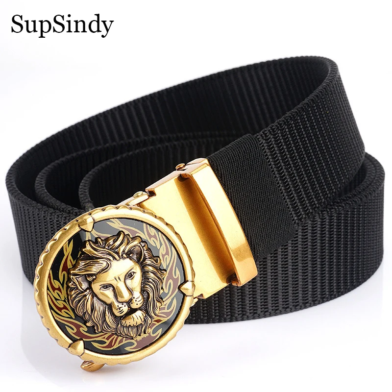 

SupSindy Man's Nylon Belt Luxury Gold Lions Metal Automatic Buckle Canvas Belts for Men Fashion Jeans Waistband Black Male Strap