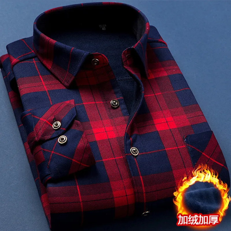 Camisa cálida de lana para hombre, camisa de manga larga con estampado de moda para negocios, de talla grande, gruesa, a cuadros, M-6XL, otoño e