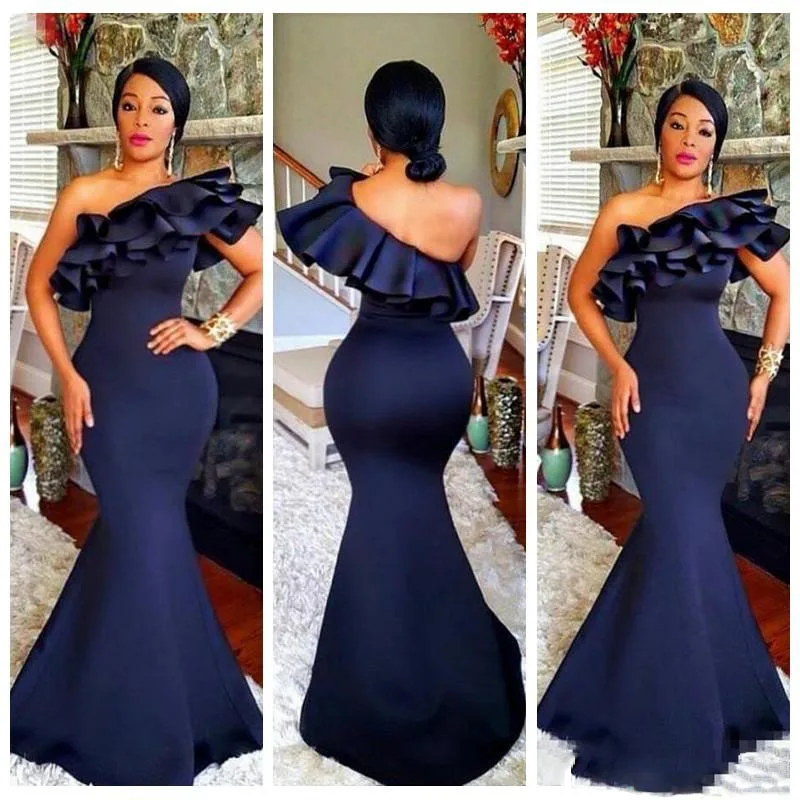 

Navy Blue One Shoulder Long Evening Formal Dresses Ruffles Mermaid Prom Party Gowns African Women Plus Size Robe De Soriee