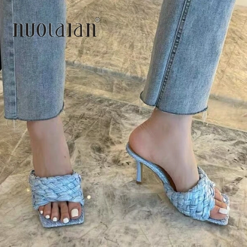 2022 Summer Women Pumps Square Toe Ladies Heel Mules Sexy Thin High Heels Sandals Slippers Female Fashion Woman Slides Shoes