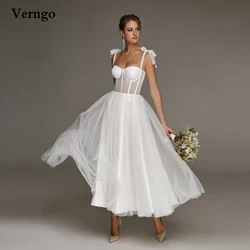 Verngo Simple A Line Tulle Wedding Dresses With Tied Shoulder Straps Bones Sweetheart Midi Tea Length Bridal Gowns Party Dress