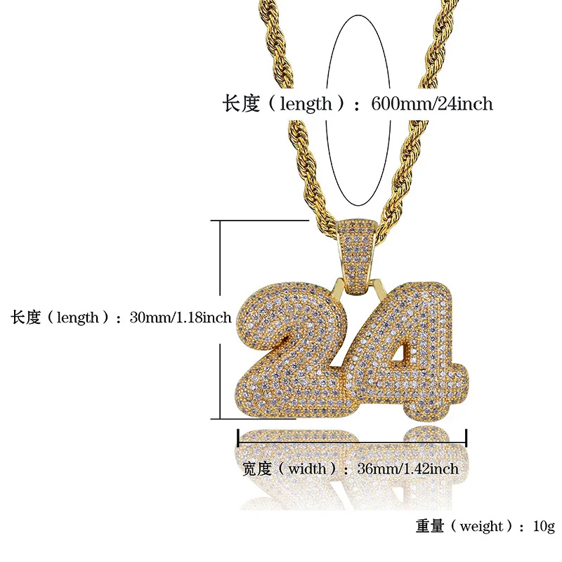 Hip Hop Micro Paved AAA+ Cubic Zirconia Bling Ice Out Basketball Legend Number 24 Pendants Necklace for Men Rapper Jewelry