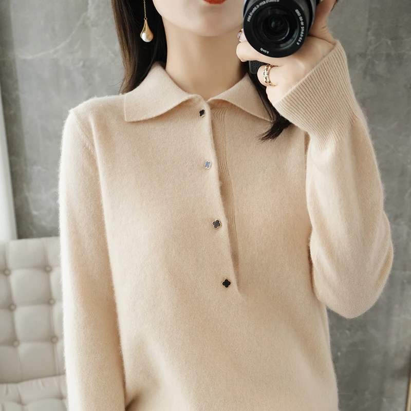 Cashmere sweater women 2021 winter new 100% wool Turn-down Collar sweater casual knitwear plus size solid color loose ladies top