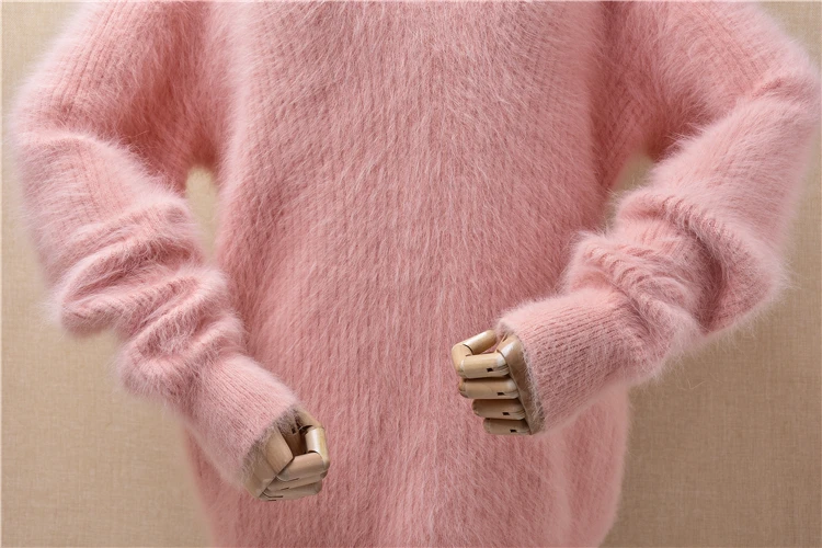 ladies women fashion sweet pink hairy fuzzy mink cashmere knitted v-neck long sleeves loose pullover angora fur jumper sweater