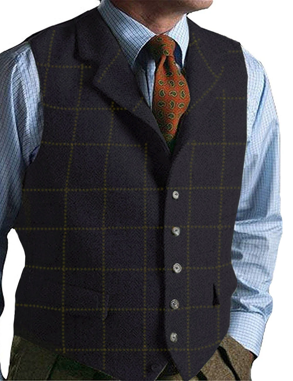 Colete masculino verde colete de lã tweed fino ajuste lapela xadrez terno colete espinha de peixe tweed smoking colete 2019 para casamento personalizado