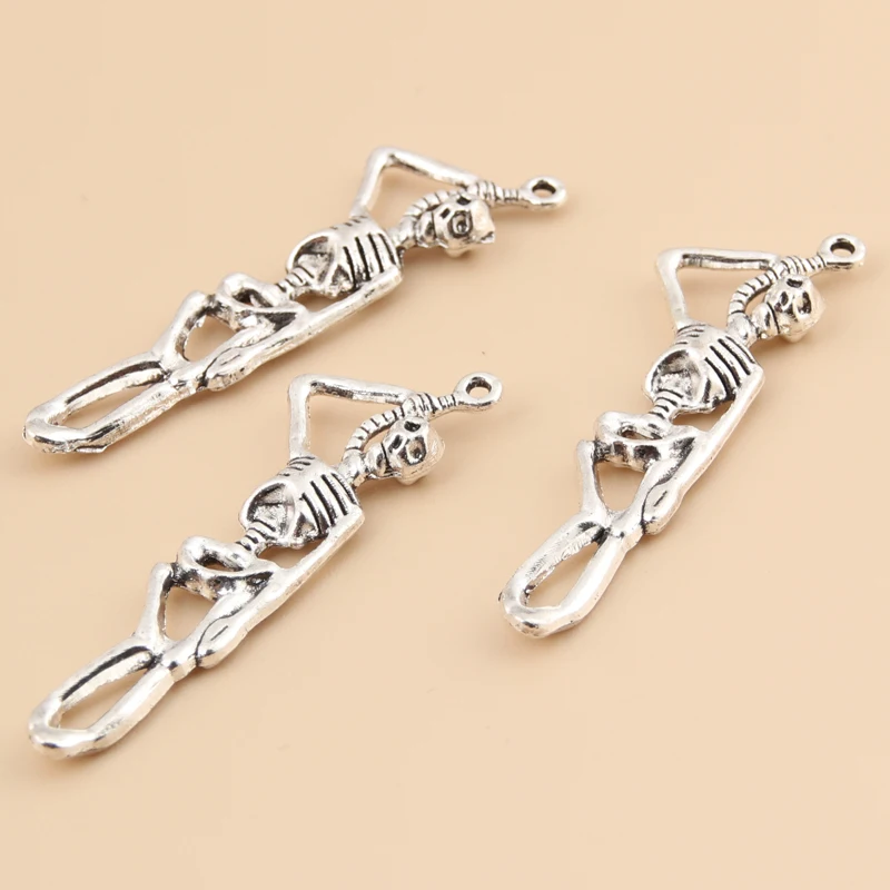 25pcs Silver Color 42x12mm Skeleton Man Charms Skull Pendant Halloween Gifts For DIY Handmade Punk Jewelry Making Accessorie