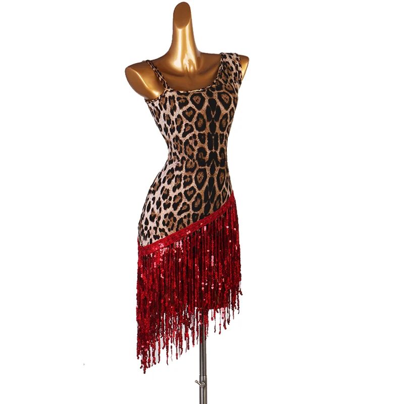 

leopard print latin dress cha cha salsa tango dresss Rhinestones Costume Stage dress custom sequin tassel fringe lq165