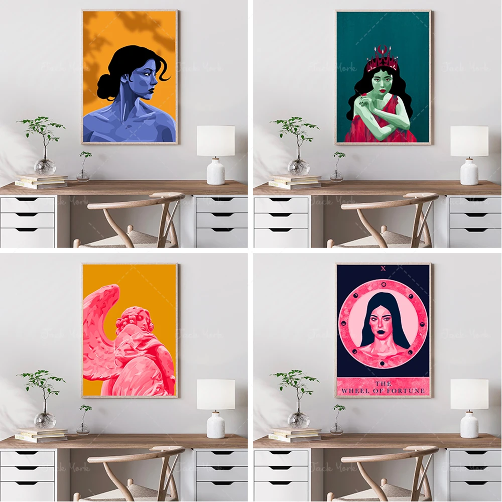 Griechische Skulpturenillustration „Griechischer Engel“ – hochwertiger Kunstdruck – gelbes und rosafarbenes modernes Skulpturenkunstwerk