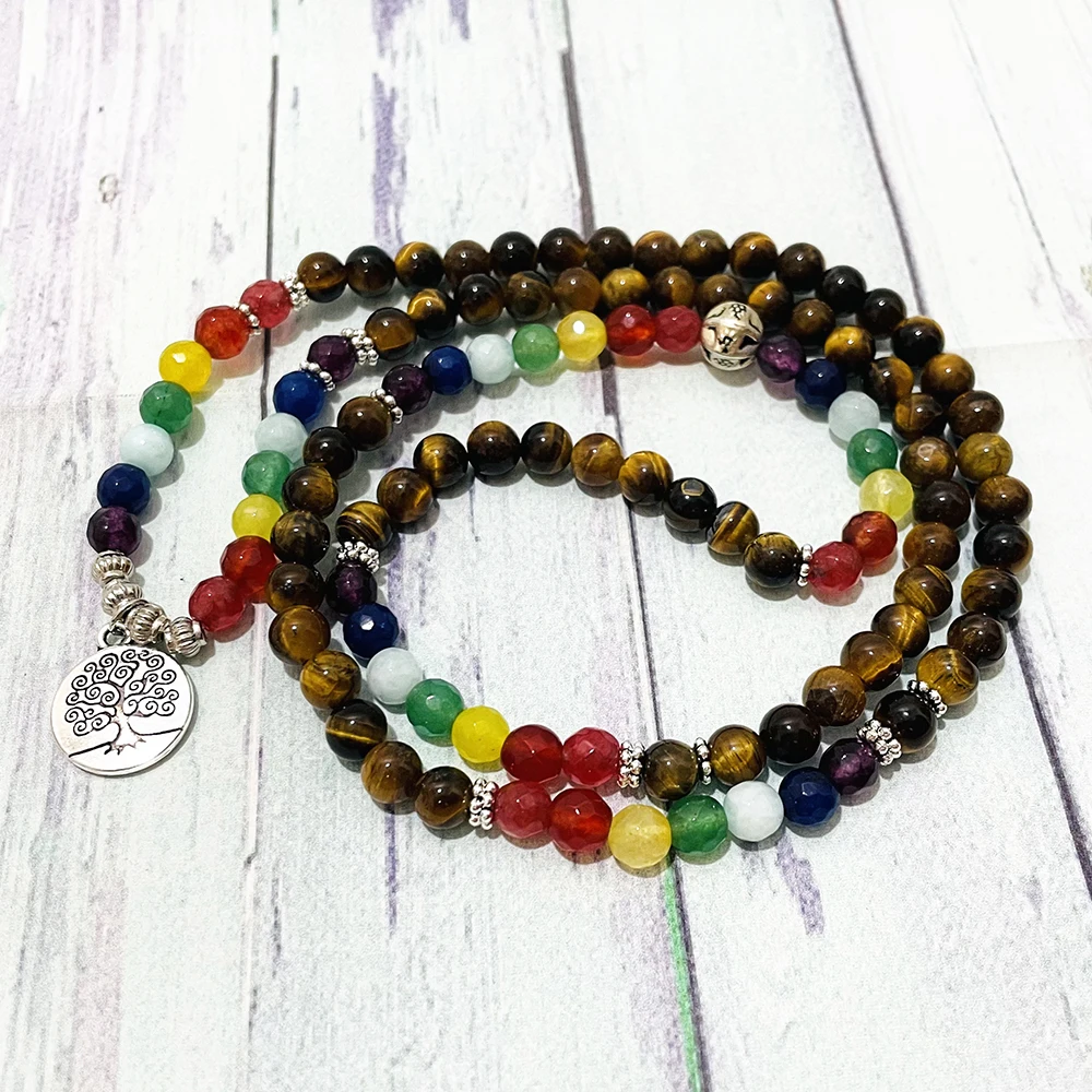 SN1503 Women`s 6 mm Natutal Tiger Eye 108 Mala Bracelet Tree of Life Charm 7 Chakra Yoga Mala Bracelet Boho Girl`s Necklace