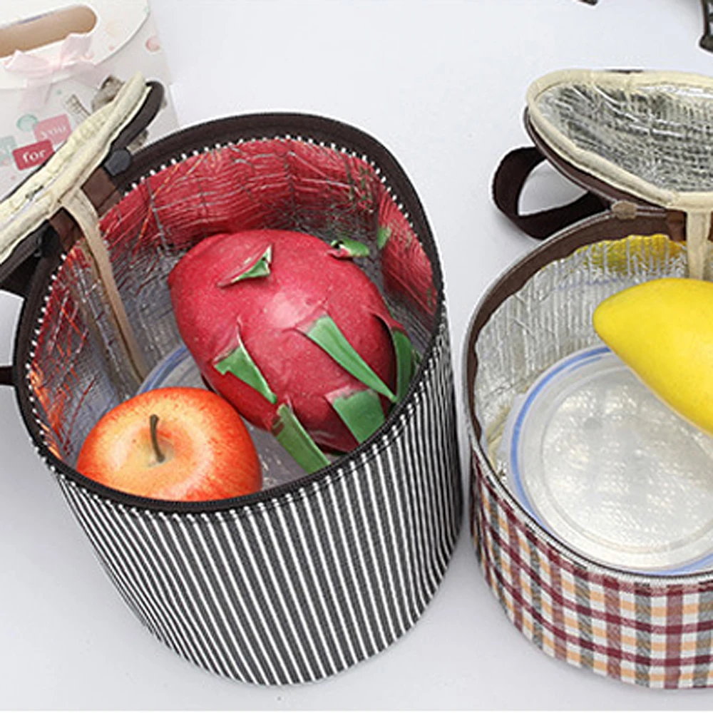 Cylindrical Lunch Bag Portable Thermal Insulated Lunch Box Tote Cooler Ice Bag Round Bento Pouch Waterproof Food Storage Bags