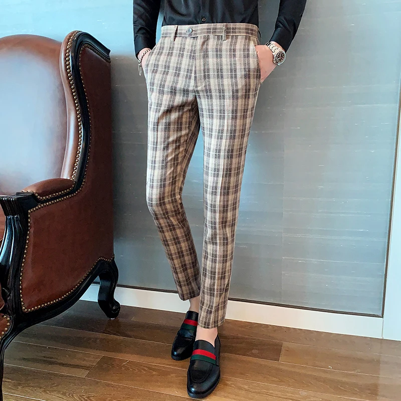 Pantalon Ankle Length Homme Casual Slim Men Suit Pant Formal Business Trousers Streetwear Clothing 2020 Men's Plaid Dress Pants