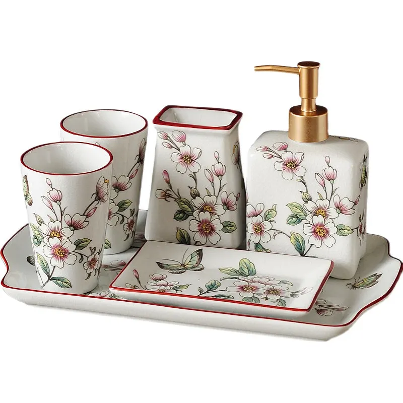 Ceramic Liquid Soap Dispenser and Dish,Porcelain Bathroom Kit,Toothbrush Holder,Gargle Cup Tray,Tissue Box,Aromatherapy Bottle