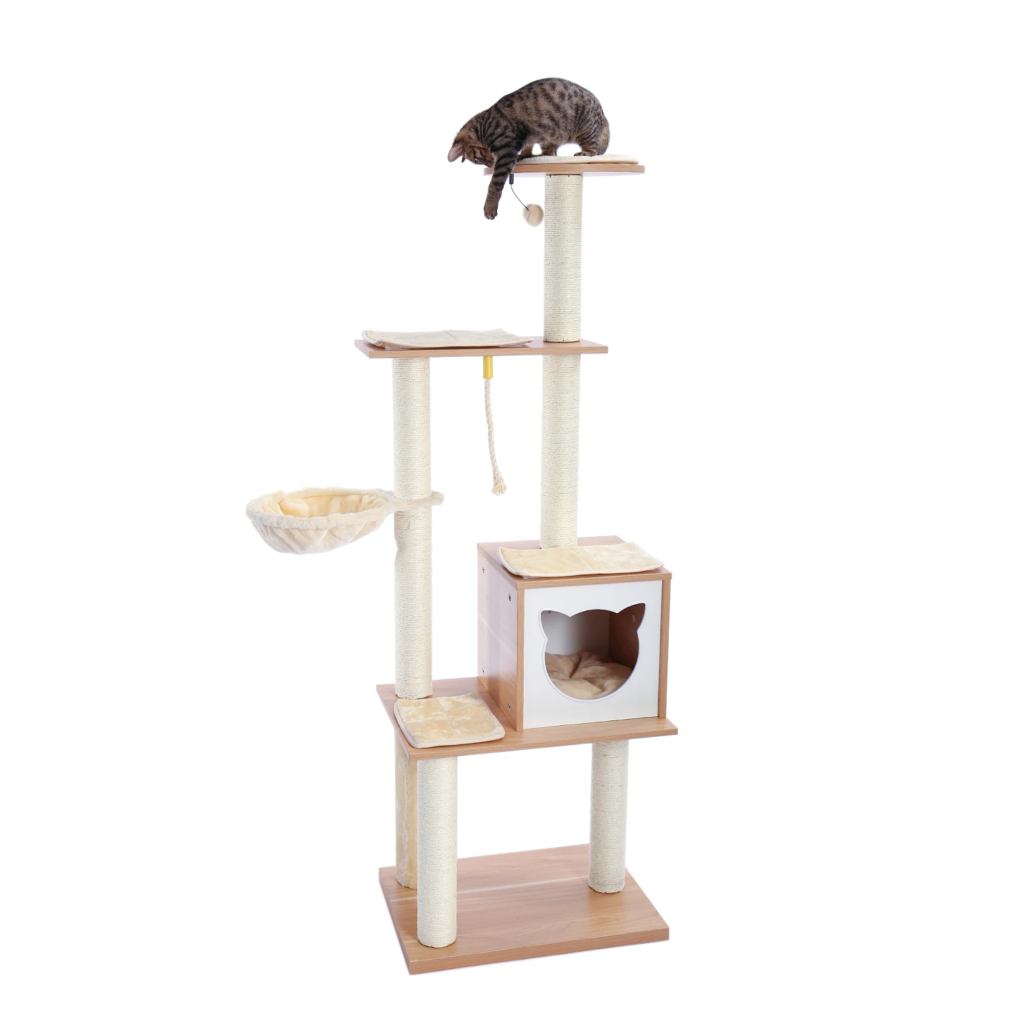 Cat Tree 5 Levels Modern Cat Tower Cat Sky Castle with 2 Cozy Condos, Luxury Perch and Interactive Spring Ball