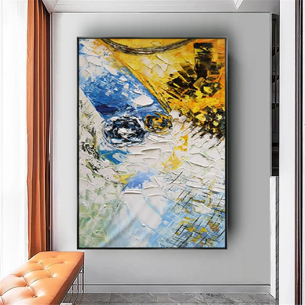 لوحات زيتية مرسومة يدويًا طلاء سكين تجريدي أصفر وأبيض نسيج زيتي سميك صورة قماشية ديكور منزلي لوحة معلقة #4