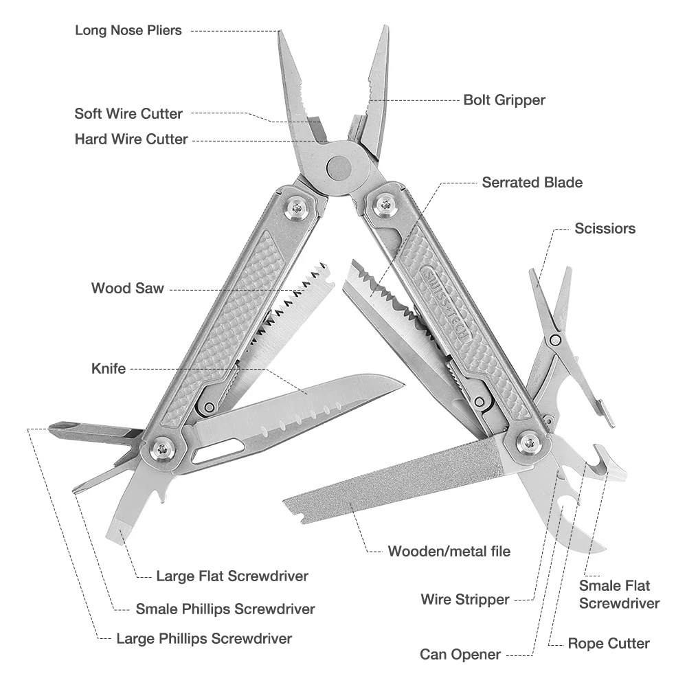 SWISS TECH 17 in 1 Multi Plier Stainless Steel Folding Wire Stripper Multitool Pocket Outdoor Camping Survival Tool