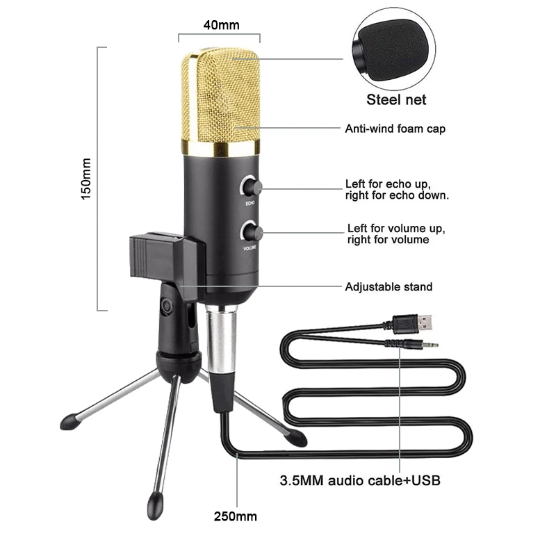 Microfono a condensatore per Computer Audio cablato 3.5mm Studio cardioide Pick-Up Mic con supporto per treppiede e adattatore Audio USB F100TL