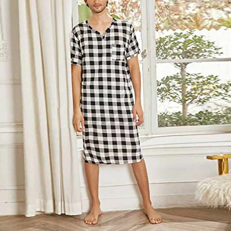 Fashion New Loose Plaid Printed Men Pajamas Short-sleeved V-neck Casual Homewear One-piece Nightdress Adult Onesie Mens Jumpsuit