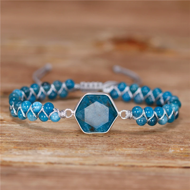 Boho Gemstones Hexagon Charm Apatite Beads Braided Bracelet Healing Stone Macrame Wrap Bracelet Gypsy Women Jewelry Dropshipping