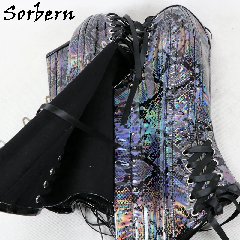Sorbern Custom Holo python Corset Women Fetish U-Shaped Cup Support Breast Steel Corset With Corset Lace Up Back Hourglass