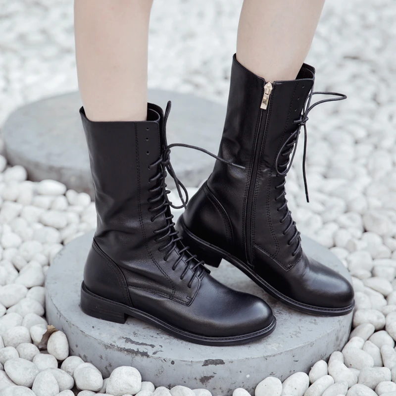 

British Genuine Leather Mid-Calf Boots Women Brand New Vintage Lace Up Block Heels Black Motorcycle Boots Military Shoes Woman
