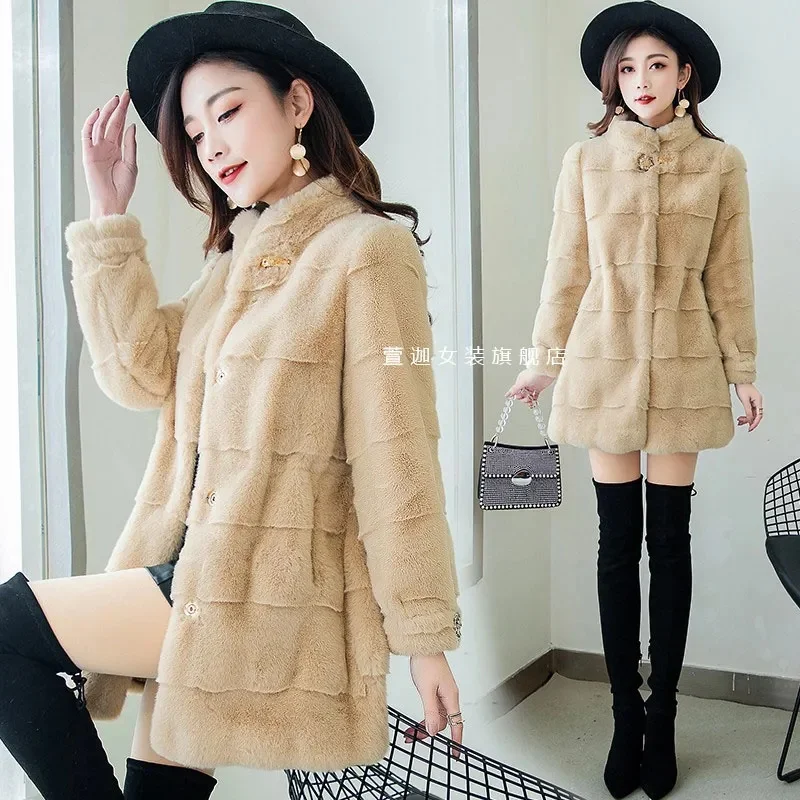 2022 Autumn/Winter Female New High-end Waist Slim Eleghant Thicken Mid-length Faux Fur Jacket Danish Mink Velvet Coat Women A7