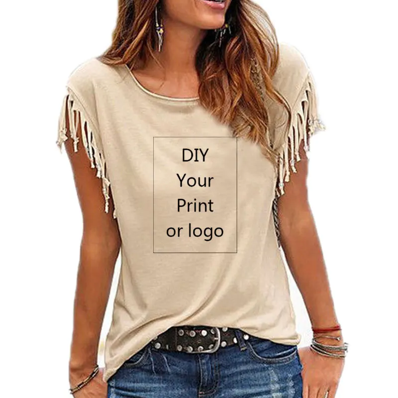 Customized Print T Shirt for Women DIY Your Like Photo or Logo Top Cotton Tassel Short Sleeve O-neck Cotton Tee