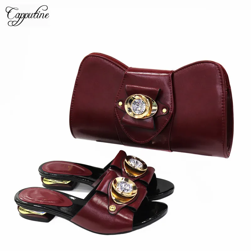 White African Women Shoes And Bag Set To Match African Ladies Lower Heels Summer Slippers With Handbag Pantoufle Femme CR528