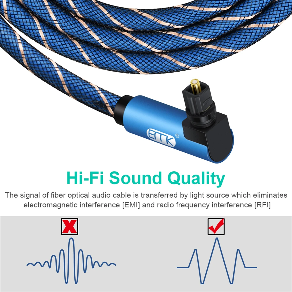 EMK-Cable óptico de ángulo recto de 90 grados, Cable Toslink de Audio Digital, fibra óptica trenzada, 1m, 2m, 3m, 5m, para barra de sonido a TV