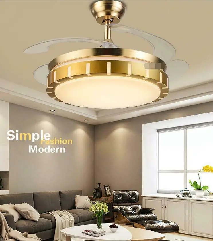 Gold 42" Ceiling Fans 3-Color LED Light Chandelier Lamp with Remote Control Invisible Acrylic Fan Blades Retractable Chandelier