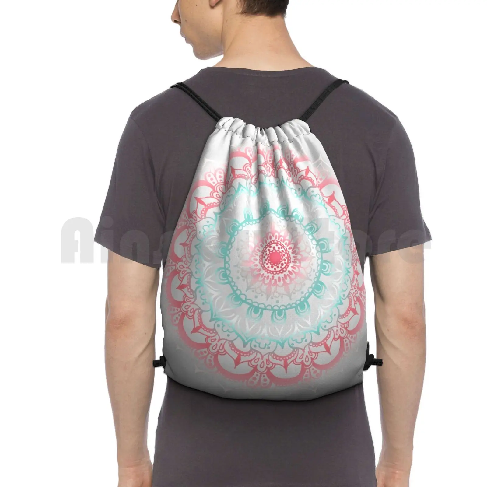 Teal & Coral Glow Backpack Drawstring Bags Gym Bag Waterproof Teal Coral Mint Pink Blue Glow Glow In The Dark Mandala