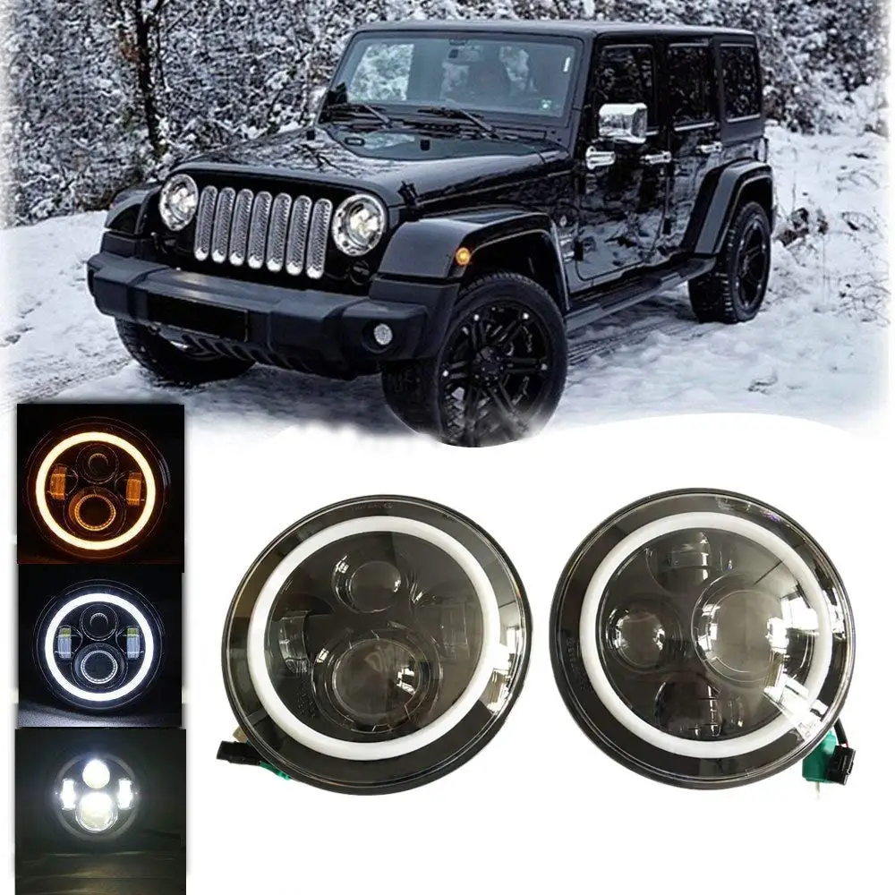 

7Inch LED Head Lamp With LED Ring LED Headlight Hi Low Beam Daytime Running Light DRL For Jeep Wrangler JK 07-17 J022 LantSun