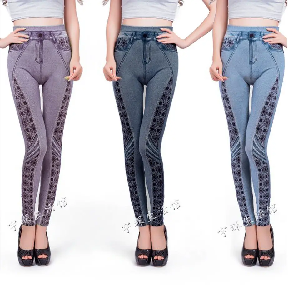 Spring/Summer Thin Imitation Denim Leggings Women's Outer Wear High Waist Elastic Mom Seamless Leggings Printed Pencil Pants