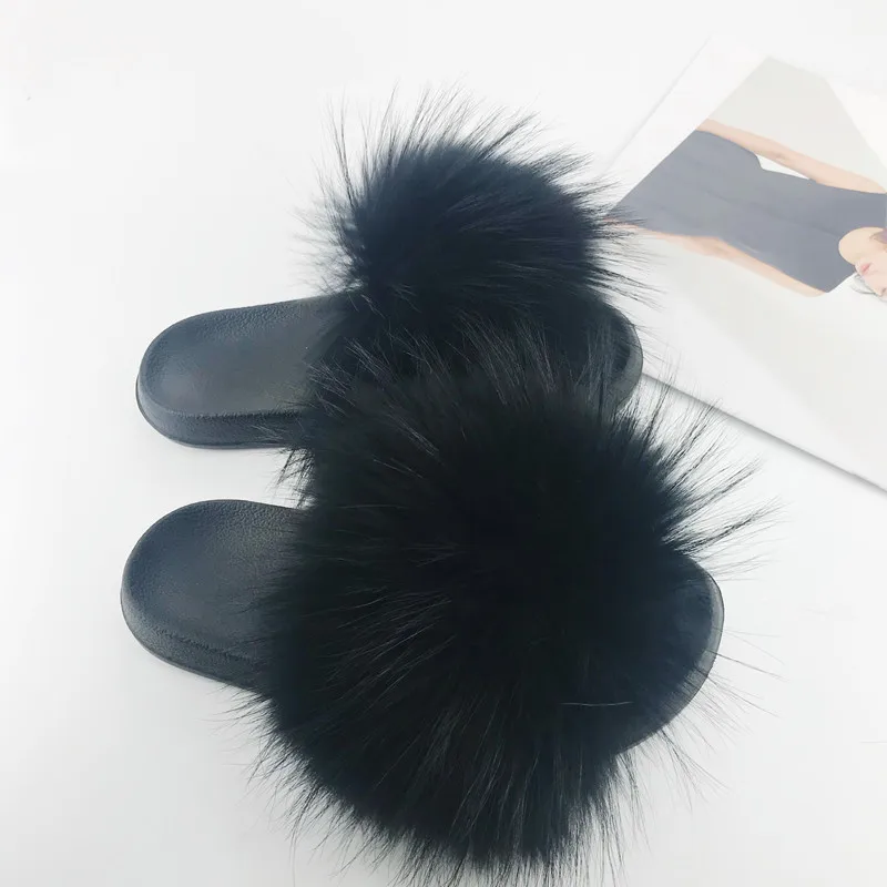 Women Fur Slides Summer Shoes Home Woman Luxury Furry Slippers Indoor Female Sandals Fluffy Cute Raccoon 2024 New Plus Size