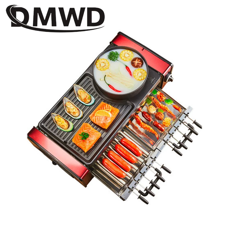 Multifunction Electric Skewer Griddle Hot Pot Barbecue Grill Elecitrc BBQ Kebab Rotary Grill Stove Rotisserie Teppanyaki Fry Pan