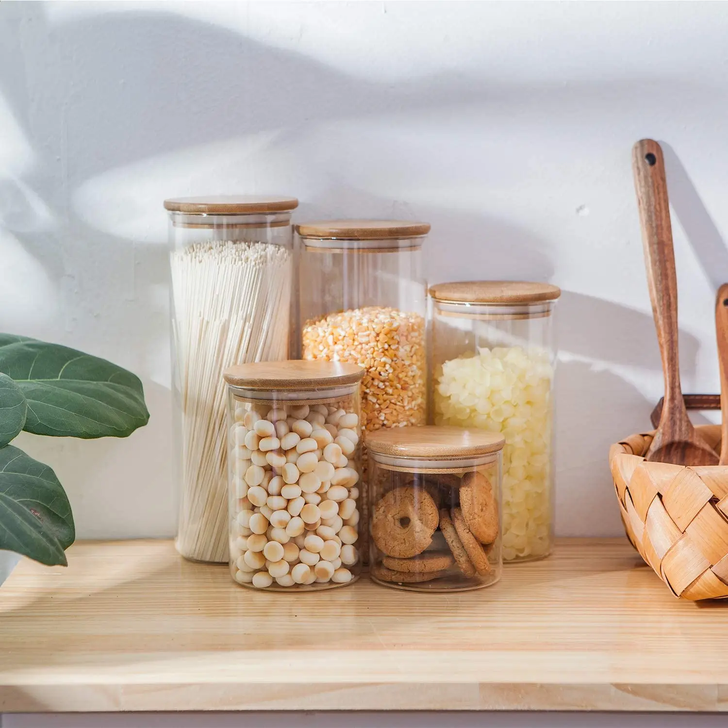 Glass Food Storage Containers Set,Airtight Food Jars with Bamboo Wooden Lids  Kitchen Canisters For Sugar Candy Cookie