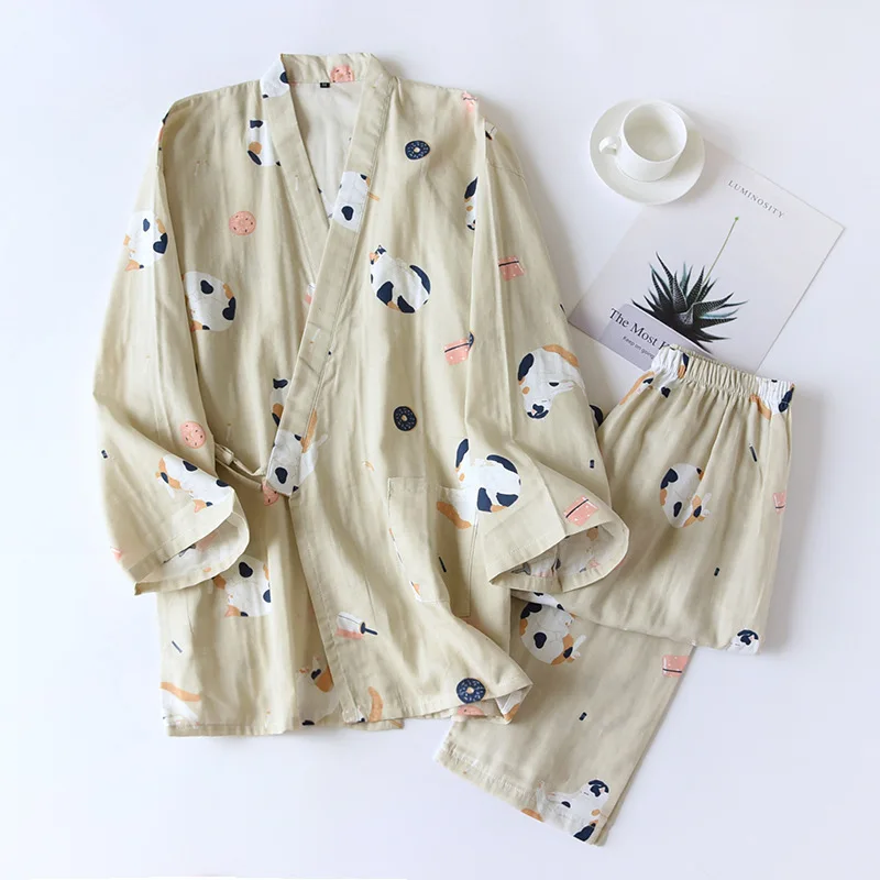 Kimono Sleepwear Man Women Couples Japanese Traditional Yukata Robes Gauze Pajamas Sets Cute Cats Print Nightgown Pyjamas Femme