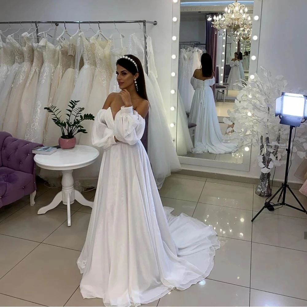 Abito da sposa elegante scollo a cuore maniche a sbuffo semplice A-Line Chiffon abito da sposa lungo fino al pavimento Robe De Mariee Sweep Train