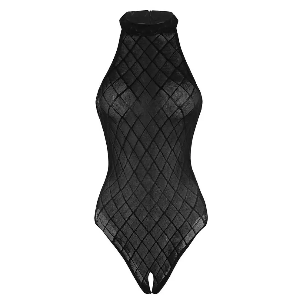 Women\'s Crotchless Swimsuit Bodysuit See Through Swimwear Mesh High Cut Open Crotch Gymnastics Leotard Bodysuit Bathing Suit