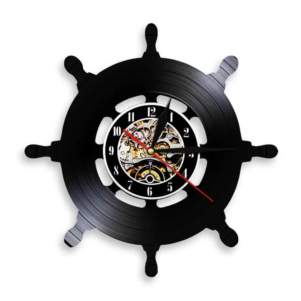 Captain Ship Wheel Wall Clock Ship Steering Vintage Vinyl Record Clock Hanging Watches Travel Sea Sailing Mariner Sailors Gift