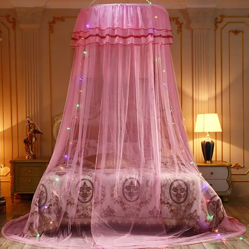 With Light String Princess Girl Garden Mosquito Net Round Lace Curtain Dome Bed Canopy Netting Summer Romantic Mosquito