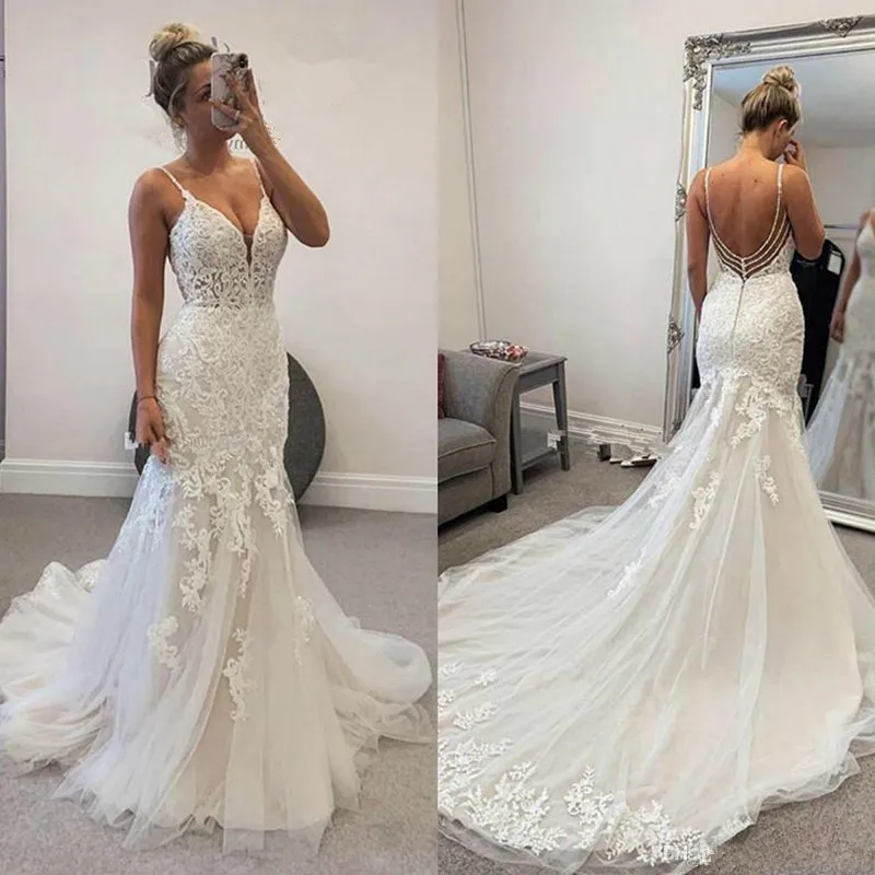 Moda cinta de espaguete sereia vestidos de casamento rendas apliques sem costas vestido de casamento plus size vestido de noiva robe de mariee