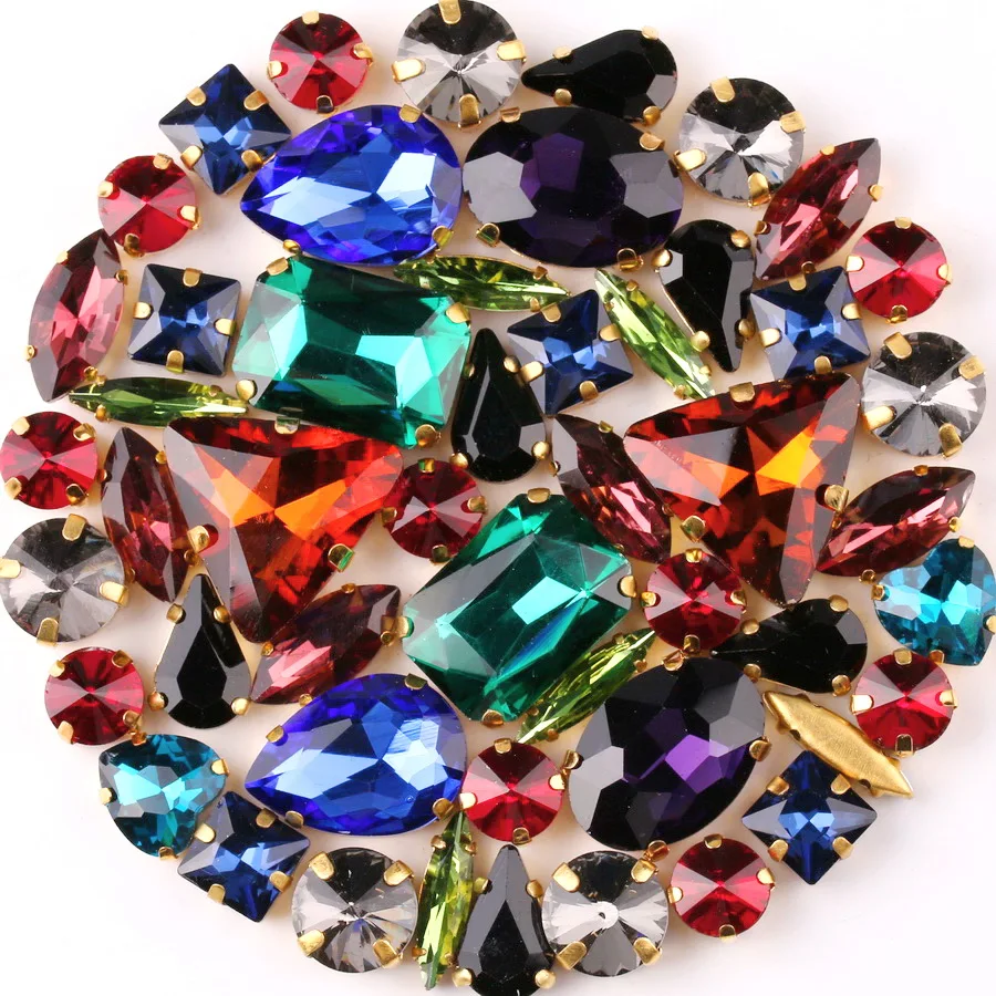 Goldene Krappenfassung 50 Stück/Beutel 11 Formen Mix AB Farben Glaskristalle zum Aufnähen Strass-Kristalle für Hochzeitskleider Schuhe Taschen DIY-Verzierung – Detail 5