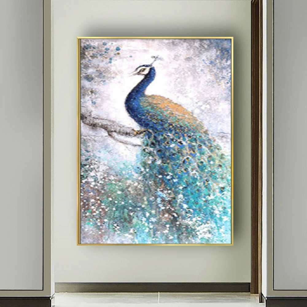 

100% Hand-Painted Auspicious Peacock Oil Painting On Canvas Dancing Beautiful Bird Feather Pattern For Wall Art Decor Home Mural