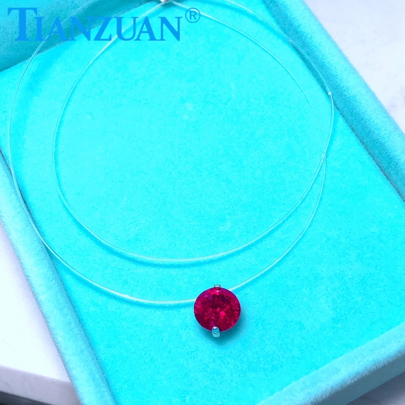 Fish Line Invisible 8mm Simulation Artificial Red Ruby  Jewelry Pendant Necklace with 925 Silver Round Shape
