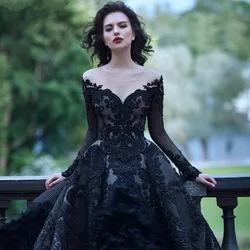 Vestido de noiva luxuoso, vestido preto de manga longa, vestido de casamento feito sob medida