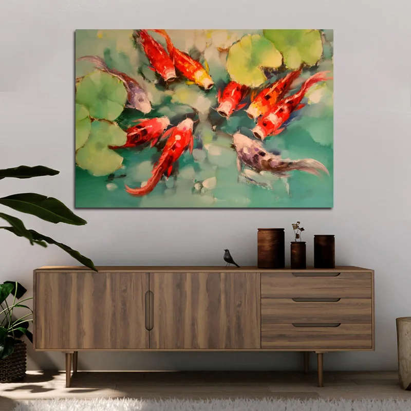 Koi Fish Feng Shui Carp Lotus Pond Pictures Canvas Painting Fish Posters and Prints Cuadros Wall Pictures For Living Room Decor