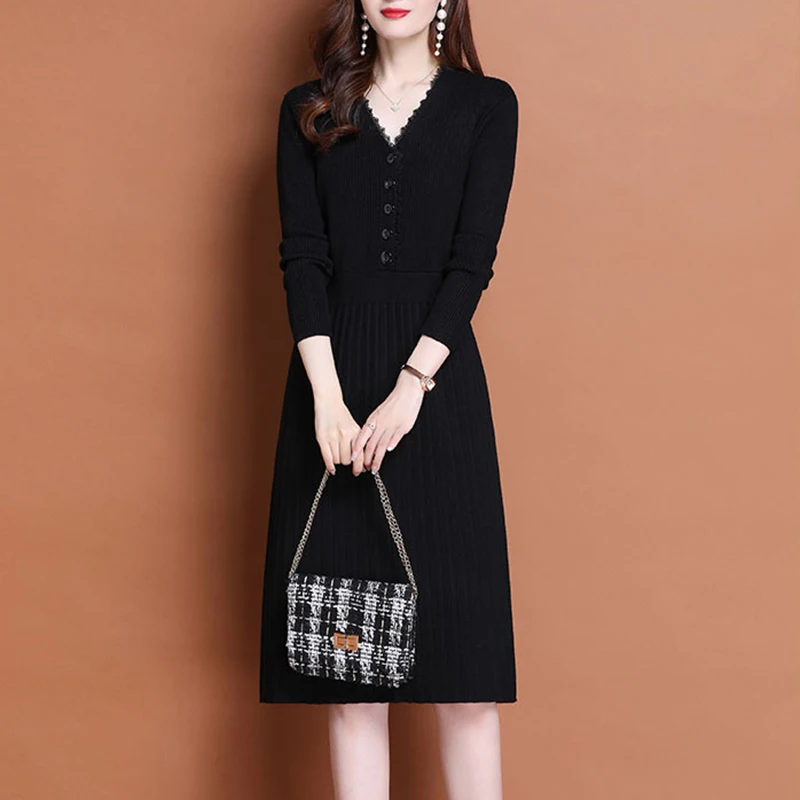 Knitted Long Sleeve Dress Women 2021 Slim Bodycon Autumn Korean Elegant Fall Winter Button V Neck Sweater Midi Pleated Dress 130