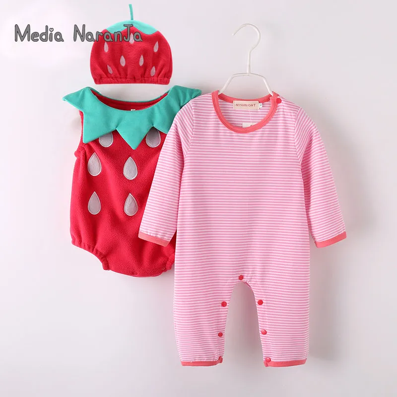 Baby girl outfit strawberry costume full sleeve romper+hat+vest infant halloween festival purim photography clothing